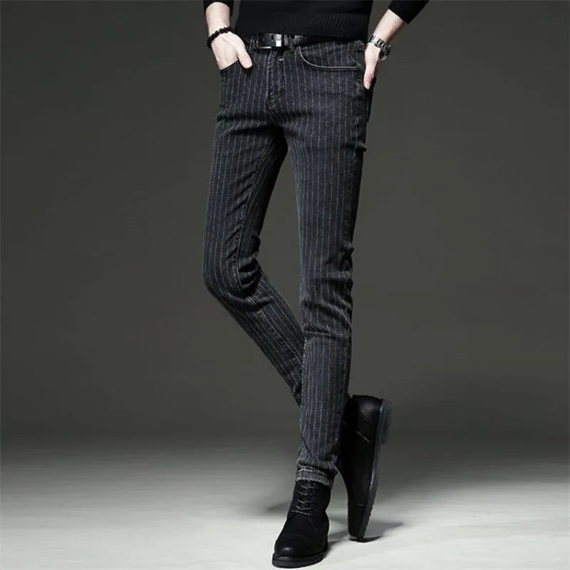 Men's Striped Slim Stylish Casual Pencil Pants Jeans Spring Autumn Korean Trendy Fashion Brand New Elastic Striped Long Trousers