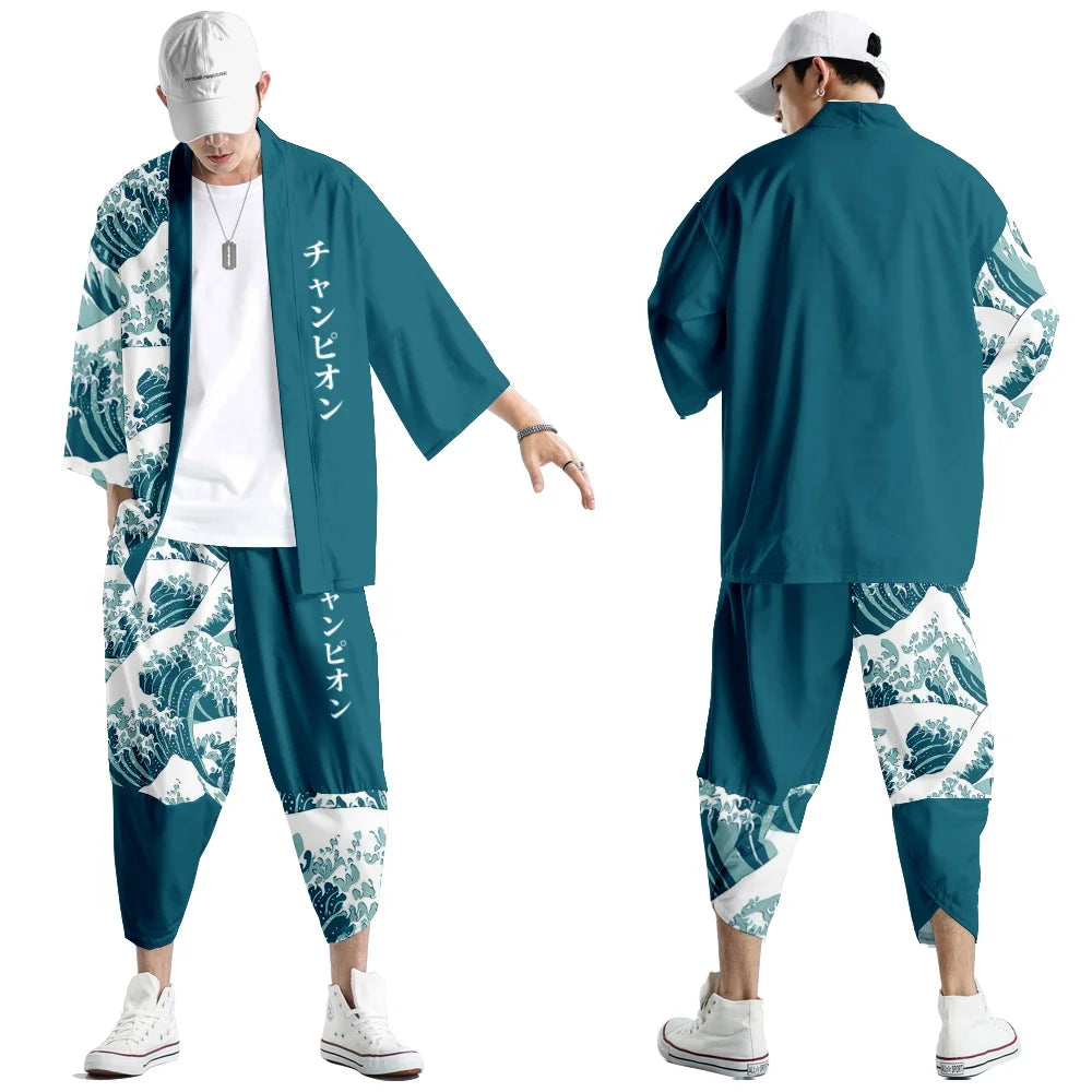 Large Size 5XL 6XL Japanese Kimono Cardigan Pants Set Print Fox Men Women Shirt Tradition Yukata Haori Obi Cosplay Costume
