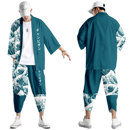 Large Size 5XL 6XL Japanese Kimono Cardigan Pants Set Print Fox Men Women Shirt Tradition Yukata Haori Obi Cosplay Costume