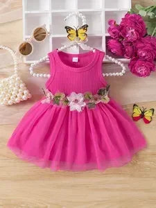 Soft Pink Knit Sleeveless Dress - 3D Flower Accent Tulle Skirt Girls Sweet Princess Outfit
