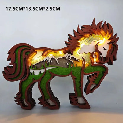 Home Decoration Ornaments Wooden Animal Small Wolf Elk and Brown Bear Statue Figurines LED Light Desktop Ornaments Crafts Gifts