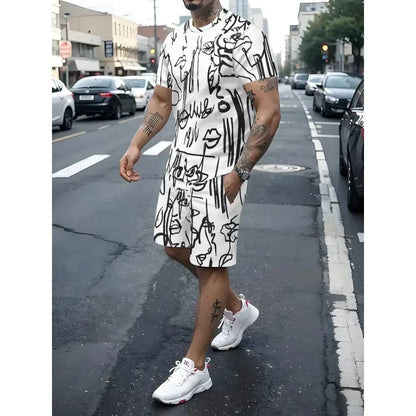 2025 Summer Men's Clothing Letter Print Short Sleeve Top Men's Elastic Waist Shorts 2-piece Set Plus Size T Shirts Shorts Set