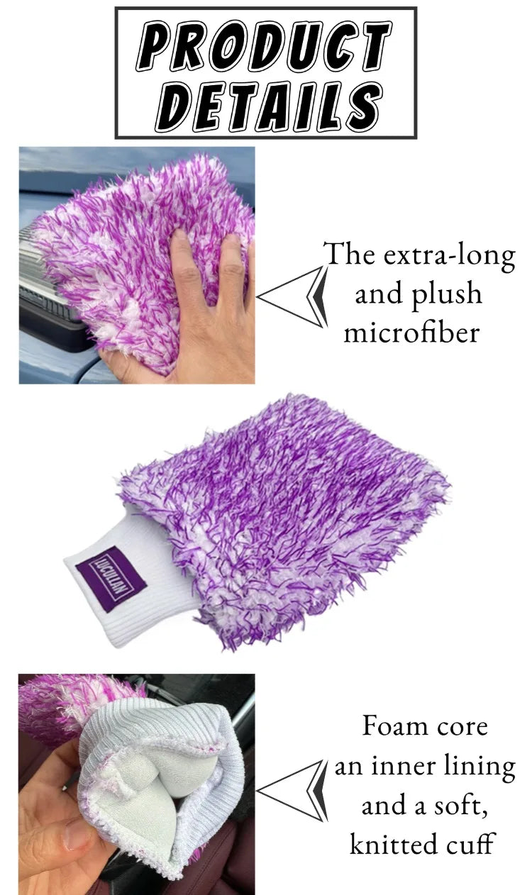Lucullan Logo Premium Purple Microfiber Glove Super Absorbency Foam Stitch Inner Lining Car Wash Mitt