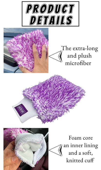 Lucullan Logo Premium Purple Microfiber Glove Super Absorbency Foam Stitch Inner Lining Car Wash Mitt