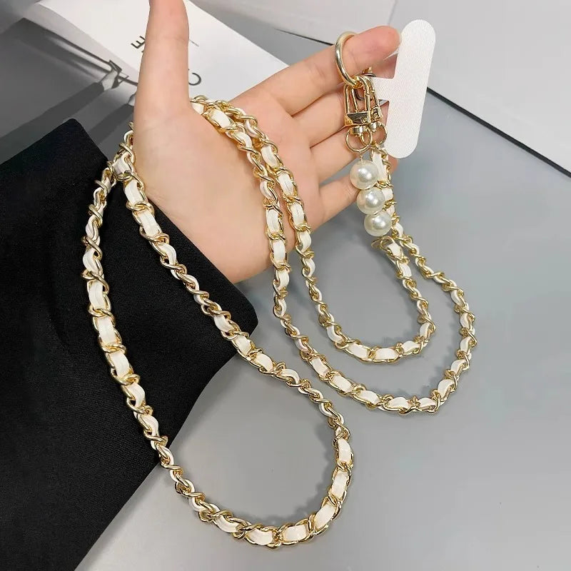 Pearl Leather Chain Mobile Phone Strap Long Crossbody Anti-Loss Shoulder Cord with Metal Pendant for Women