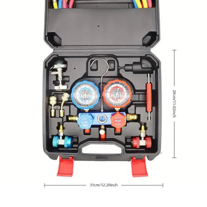Podofo AC Manifold Gauge Set Car Air Conditioning Refrigerant Charging Tool AC Manifold Gauge Set with Hoses with Storage Box