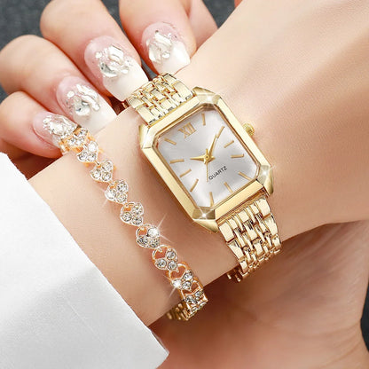 2PCS Fashion Rectangle Women Quartz Watch Rhinestone Bracelet Set Roma Dial Ladies Wristwatches Girls Clock Reloj Mujer