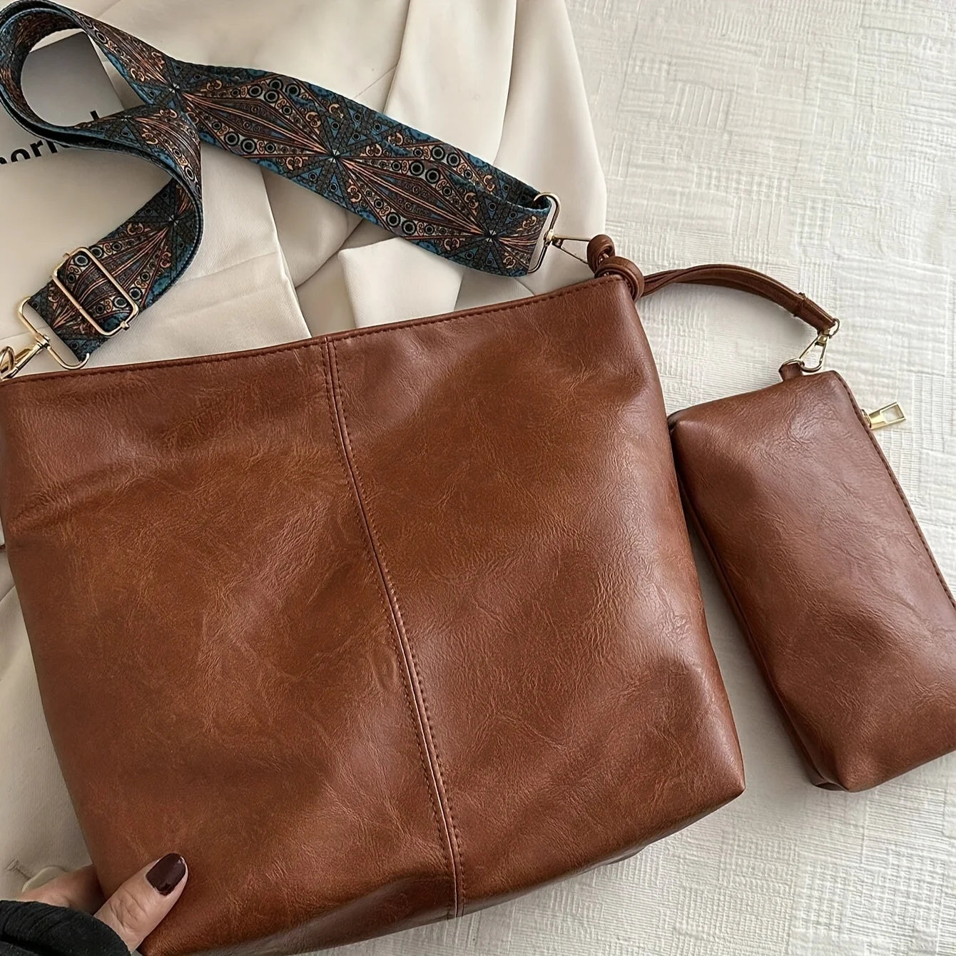 2-Piece Large Capacity Bohemian Wide Strap Soft PU Tote Bag, Shoulder & Handheld Bag, Ideal Birthday Gift