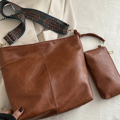 2-Piece Large Capacity Bohemian Wide Strap Soft PU Tote Bag, Shoulder & Handheld Bag, Ideal Birthday Gift