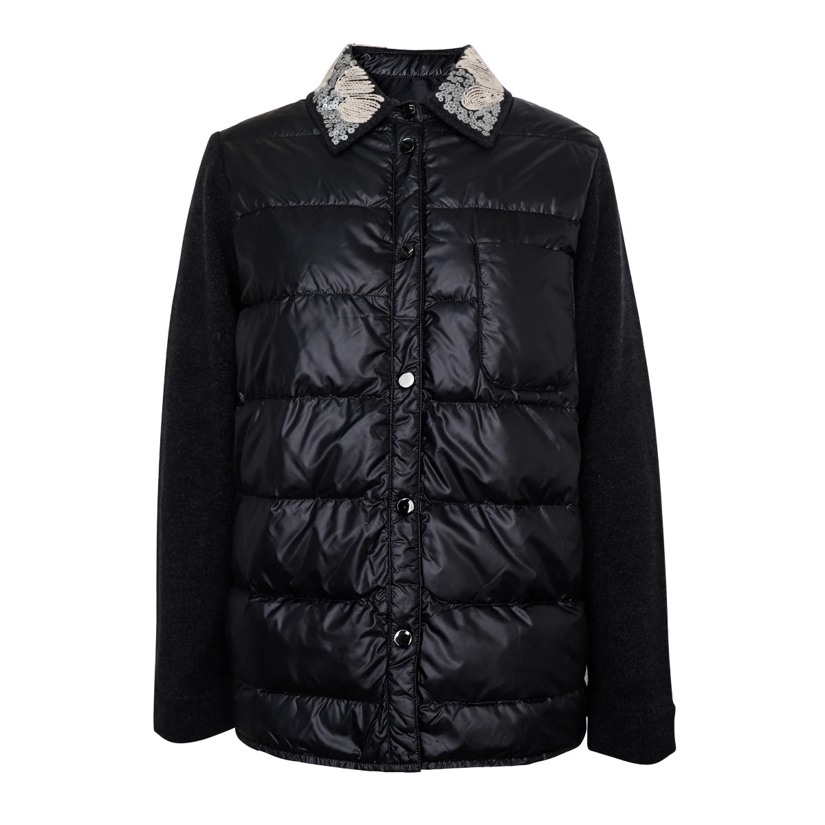 BC911 Polo Collar Spliced 100% Cashmere Long Sleeve Single Breasted White Goose Down Jacket for Women