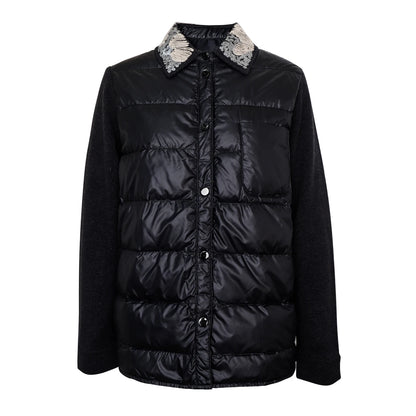BC911 Polo Collar Spliced 100% Cashmere Long Sleeve Single Breasted White Goose Down Jacket for Women