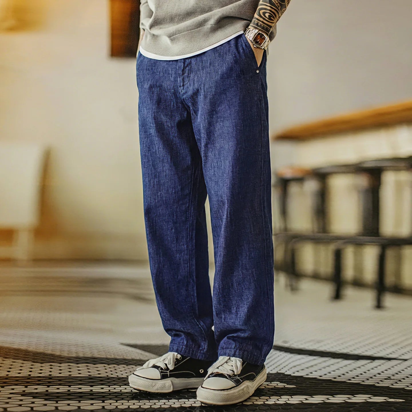 Maden Men's Vintage Denim Jeans Washed Blue Lightweight Baggy Straight Wide Leg Zipper Casual Spring Summer Pants