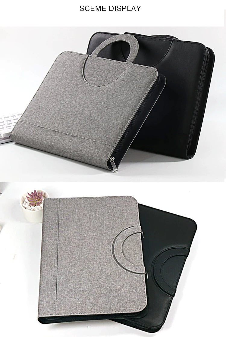 PU leather A4 zipper calculator binder conference file pad folder briefcase tablet portable circular handle file bag