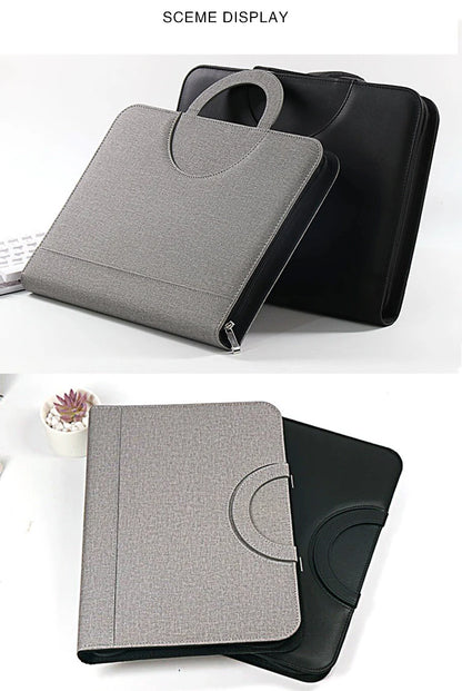 PU leather A4 zipper calculator binder conference file pad folder briefcase tablet portable circular handle file bag