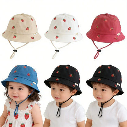 Boys Cute Sun Bucket Cap 48-50cm Spring Summer New Girl Fisherman Hat with Strawberry Embroidery Fashion Kids Toddler Outfit Cap
