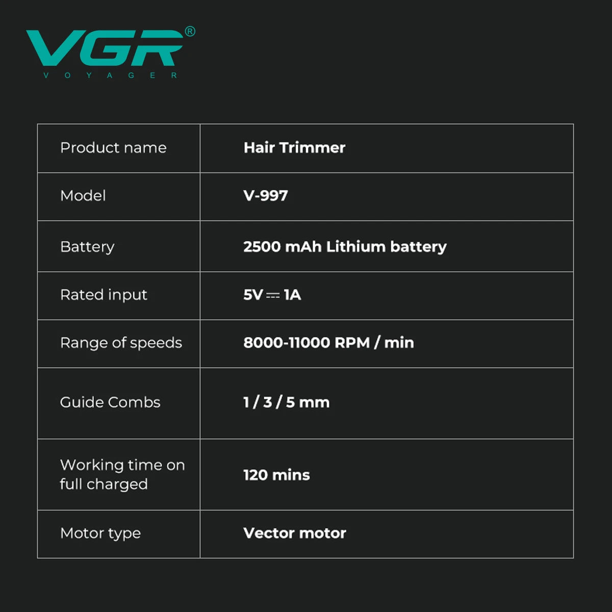 VGR electric hair clipper men's oil head carving electric push gradually changing color metal body 11000 RPM hair clipper V-997