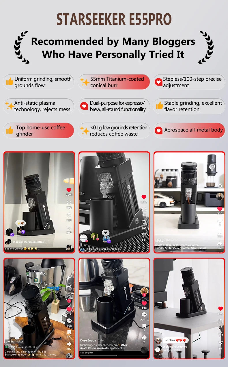 STARSEEKER E55Pro Electric Coffee Grinder 55MM Titanium Cone Burr Stepless Adjustment Espresso Brew Coffee Bean Grinder Black