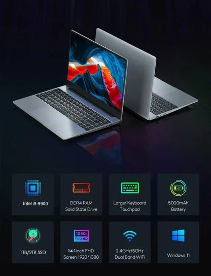 14.1" Gaming Laptop Intel Core I9-9900 32GB+2TB Windows 11 1920x1080 HD Backlit Keyboard Ultra Slim Notebook Computer Office PC