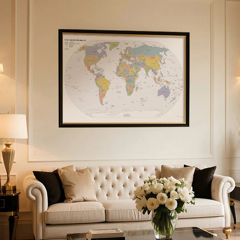 English Map Series-World Map-2019,Decorative Hanging Picture Decor Frameless,Geographical,Tourism/education Tools