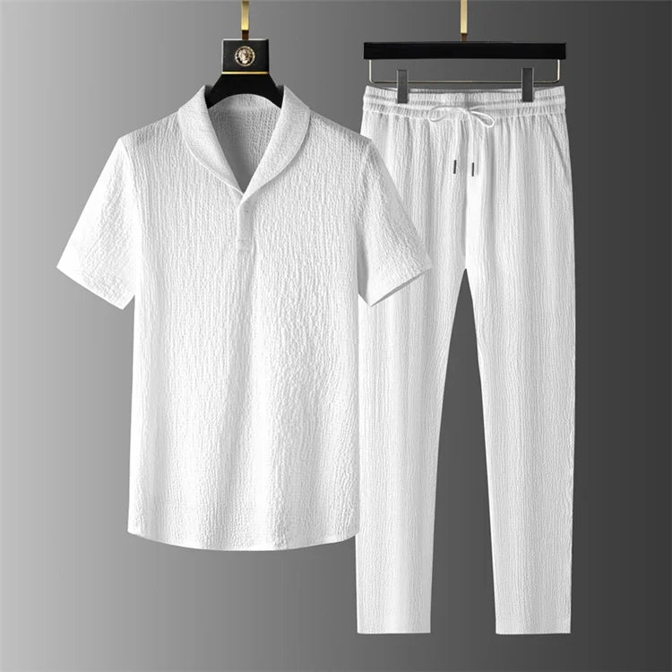 Summer Linen Set Men's Short Sleeve T-Shirt Tang Suit Style Casual Men's Wear Complete Set Lightweight Ice Silk Material