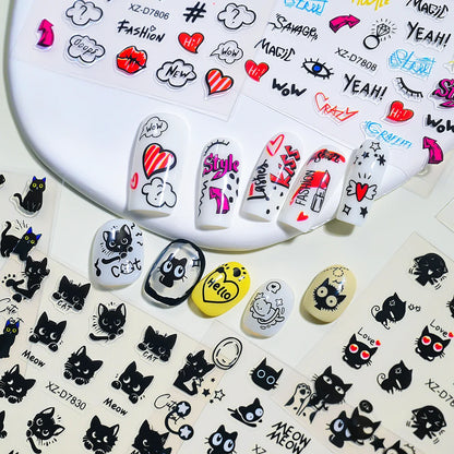30pcs/set 3D Cartoon Cat Nail Art Stickers Black Graffiti Animal Bow Star Heart Nail Decals Kawaii Self-adhesive Manicure Slider