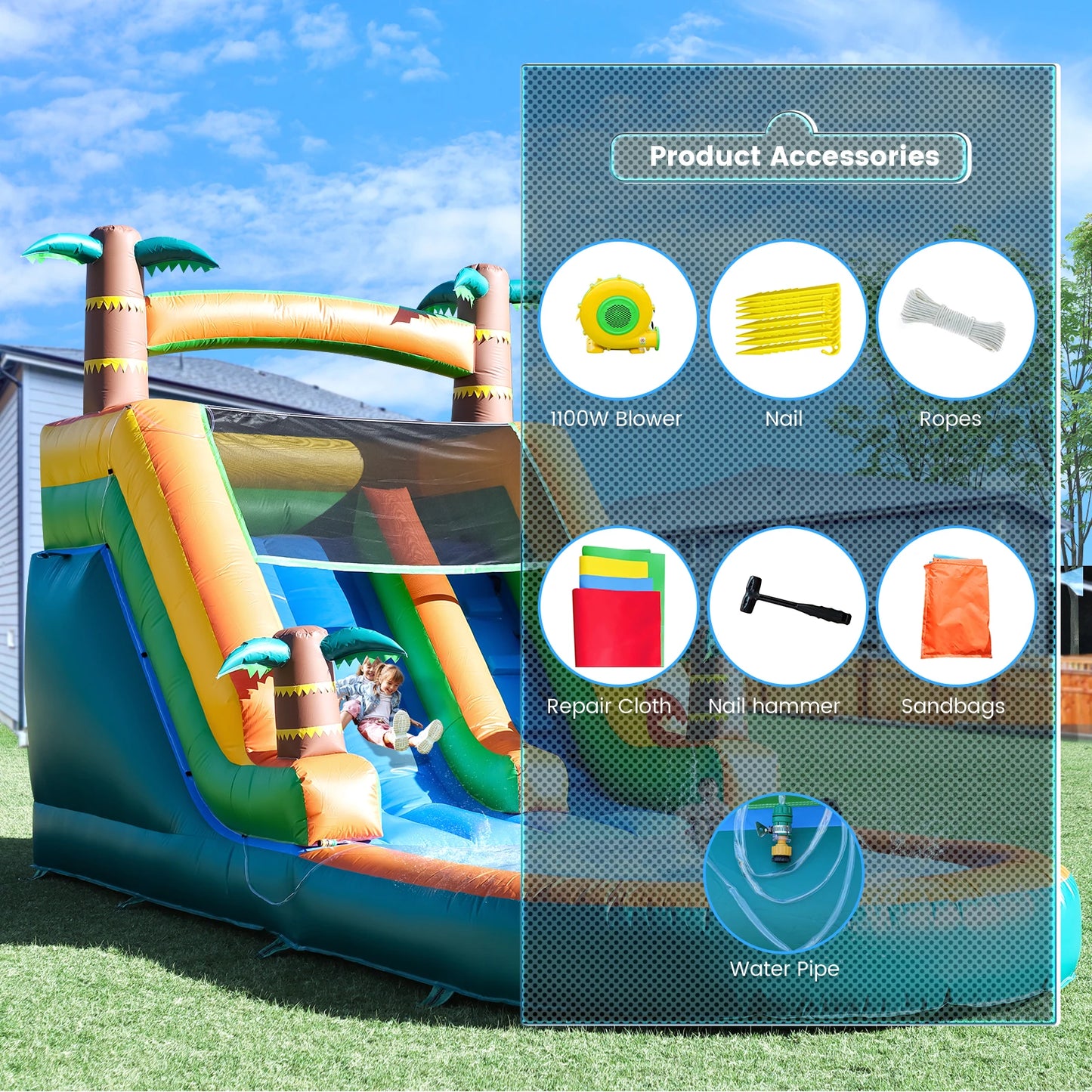 6.4m Commercial Inflatable Bounce House Tropical Water Slide Pool 950w Blower Children's playground, children's toys