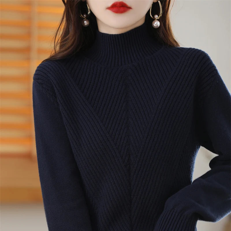 Women 100% Cotton Knit Sweater Half-high Collar Stripe Pullover Autumn Winter Thickened Bottoming Clothing Casual Knitted Tops