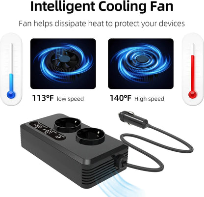 200W Car Power Inverter 12V DC To 220V AC With Dual EU Outlets, Dual USB, Dual Type-C Ports, LCD Display