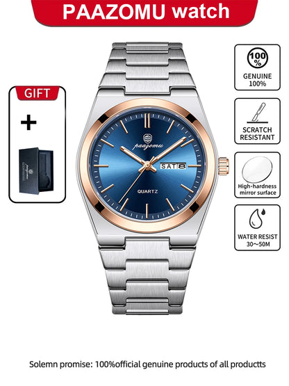 PAAZOMU Fashion Men's Quartz Watch Stainless Steel Waterproof Luminous Man Watch Chronograph Date Multifunction Watches For Men