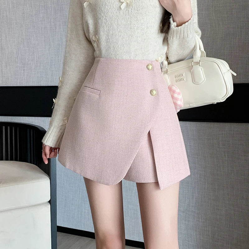 Autumn Winter Tweed Skirts Shorts Women Fashion Streetwear Cross Irregular Booty Shorts Pink Black Culottes Wide Leg Short Pants