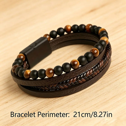 Men Leather Bracelet Classic Fashion Tiger Eye Beaded Multi Layer Leather Bracelet For Men Jewelry Gift
