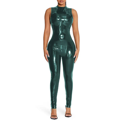 PVC Sleeveless Jumpsuit for Ladies, Wet Look, Shiny Patent Leather, O-Neck Bodycon, Tank Catsuit, Stretch Slim Rompers, Sexy