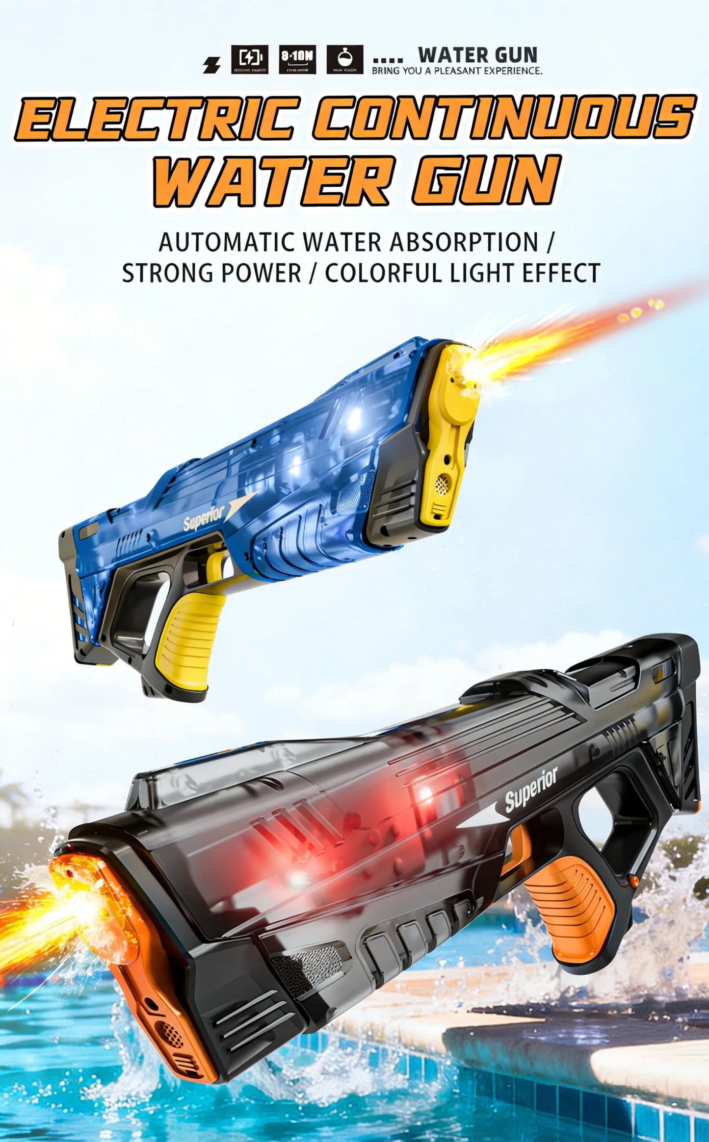 New Electric Water Guns Children Wholesale AutomaticWater Absorption Battery DisplayLarge Capacity Boys' Water PlayToyWater Gun