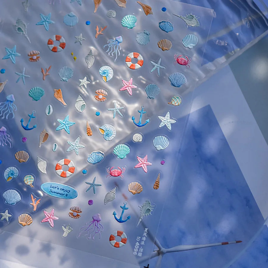 Ocean Shell Starfish Shell Conch Whale Dolphin Seahorse Coconut Tree Water Bubbles Self Adhesive Nail Art Sticker Manicure Decal