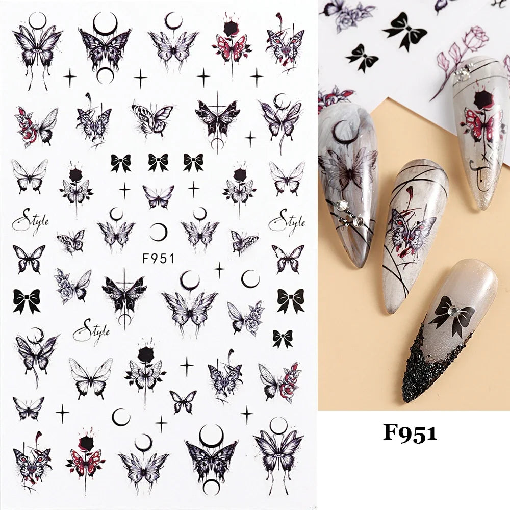 Black and White Love Flowers Line Art 3D Stickers Nail Decals Nail Art Accessories Butterfly Rose Nail Stickers Nail Sliders
