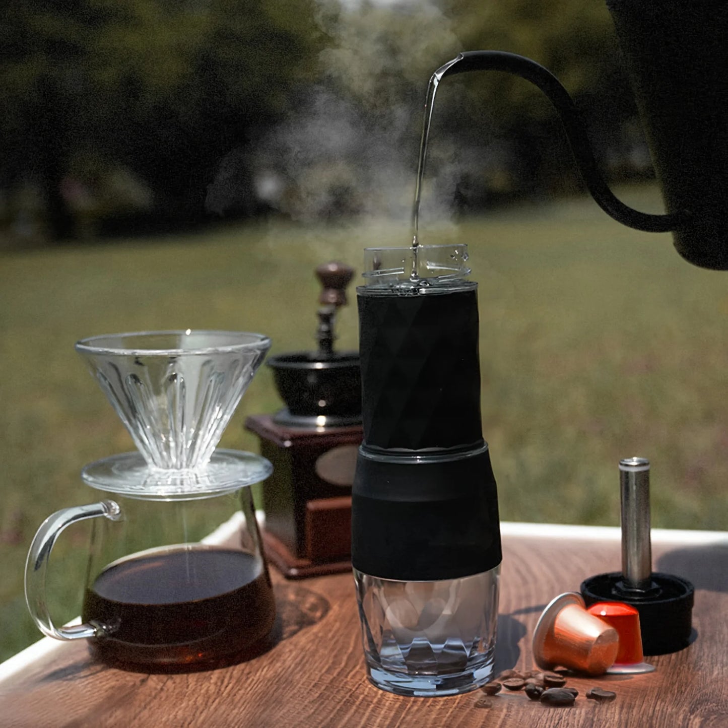 HOMEFISH 3 In1 Portable Coffee Machine Hot/Cold Water Manual Espresso Maker For Capsule & Ground Hand Press Brewer hiking Travel