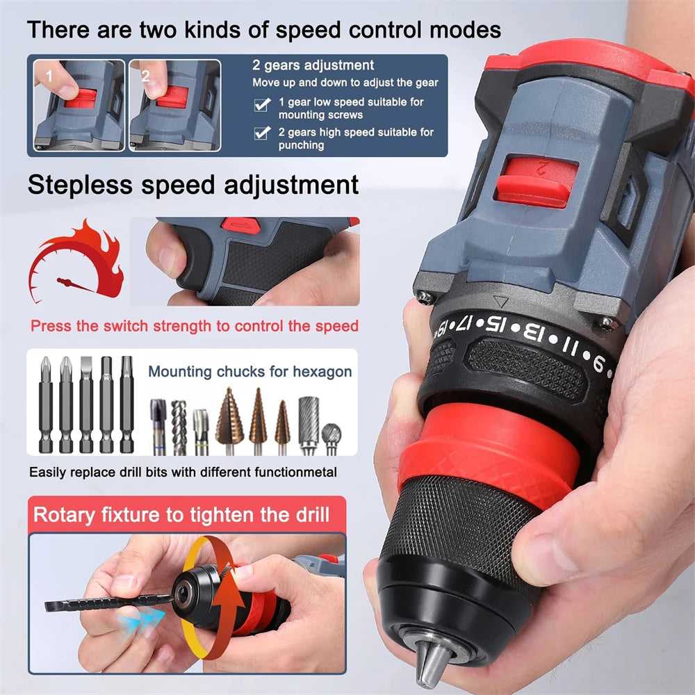 55N.M Brushless Electric Drill Screwdriver 2 IN 1 Handheld Cordless Impact Drill Woodworking DIY Power Tool With 2PCS Battery