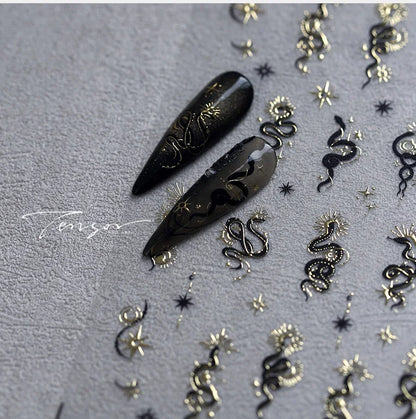 5D Gold Stamped Silver Sun Stars Snake Nail Art Stickers Totems Reliefs Self Adhesive Dark Chinese Style Manicure Decals