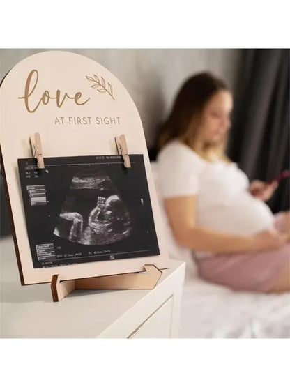 Wooden Fashion Double-sided Ultrasonic Photo Frame Stand Firm Announcing Pregnancy Commemorating or Newborn Birth Ornaments Gift