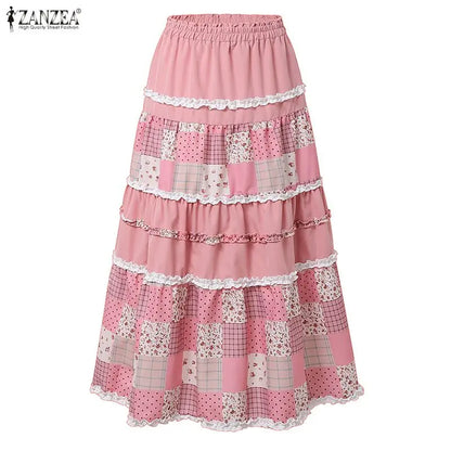 ZANZEA Oversized Long Skirts Women High Waist Print Patchwork Maxi Bottoms Casual Loose Elastic Waist Fashion Jupes Faldas Saia
