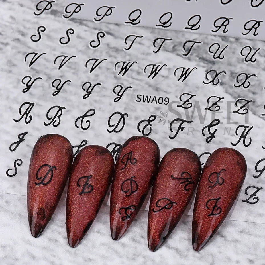 4pcs English Letter Nail Stickers Gothic Style Y2K Cool Design Roman Letter Alphabet Adhesive Nail Decal DIY Manicure Decoration