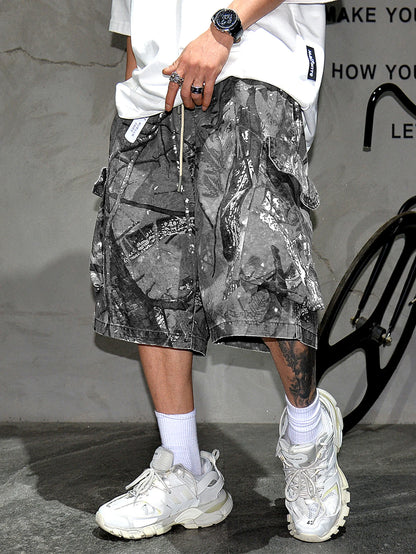 Men's fashionable workwear shorts, outdoor casual digital printed wide leg shorts, suitable for summer streetwear shorts, men's