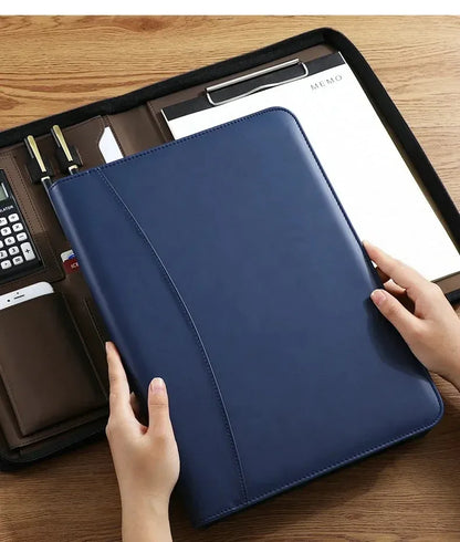Executive Business A4 Leather Portfolio Folder Clipboard for Zippered Desk Organizer Document Briefcase Calculator for Office