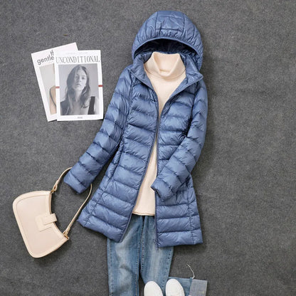Women Ultra Light Long Down Jacket Coats Autumn Winter Loose Long Sleeve Zip Up Loose Korean Hooded Detachable Tops Outwear