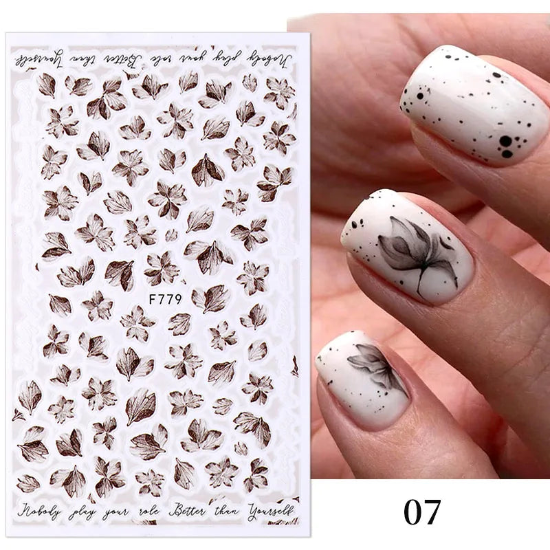 Black and White Love Flowers Line Art 3D Stickers Nail Decals Nail Art Accessories Butterfly Rose Nail Stickers Nail Sliders