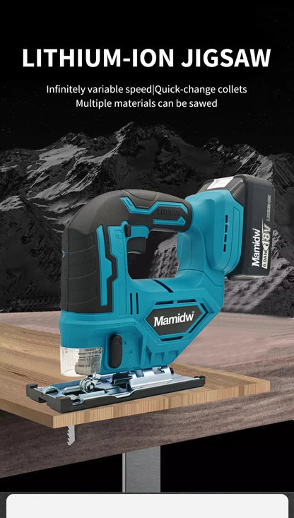 Mamidw Cordless Jigsaw Electric Curve Saw 3000RPM No-Load Speed, 20mm Stroke Length, 45° Tilting Function, Ergonomic Handle, Powered Precision Saw for Wood, Metal, Plastic Cutting, DIY & Professional Use (Tool Only) Compatib