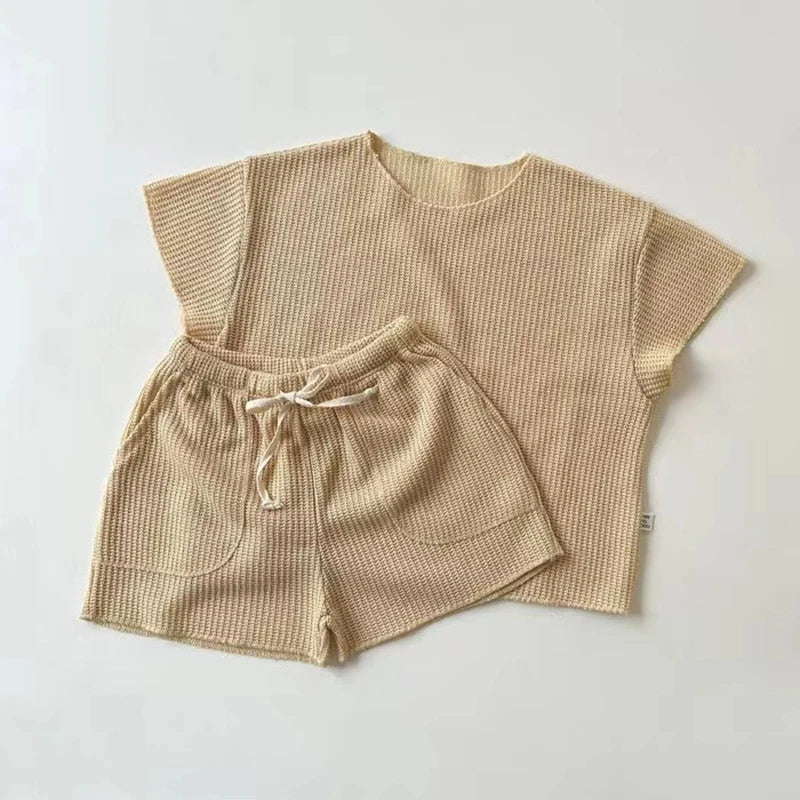 2Pcs Summer Boys Girls Clothing Sets Solid Color Soft Loose Short Sleeve Drawstring Shorts Waffle Outfits Children Knitted Suits