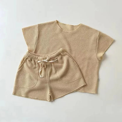 2Pcs Summer Boys Girls Clothing Sets Solid Color Soft Loose Short Sleeve Drawstring Shorts Waffle Outfits Children Knitted Suits