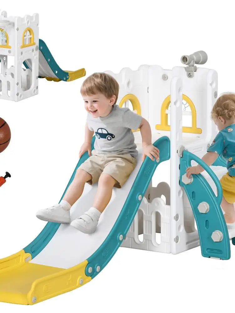 AIYAPLAY 5-in-1 Children's Slide with Basketball Hoop Telescopic & Climbing Rack, 70x177x92 cm Yellow 1-3 Years