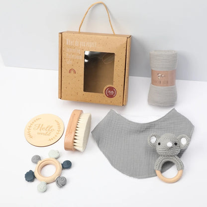 Newborn Baby Bath Set with Double Sided Cotton Blanket Face Saliva Towel Crochet Rattle Toy Wool Brush,Gift Box for Baby Shower
